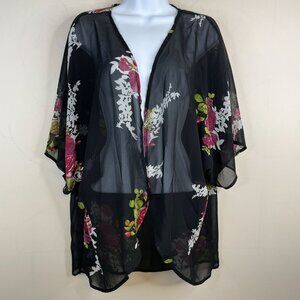 Sheer Floral Kimono Top Womens Size M Black Pink Boho Chic Short Sleeve